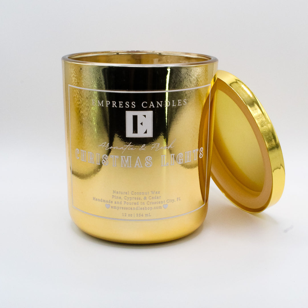 Natural Nontoxic & Vegan Long Burning Time Coconut Wax Wooden Wick Aromatherapy Pine Cypress Cedar "Christmas Lights" Candle